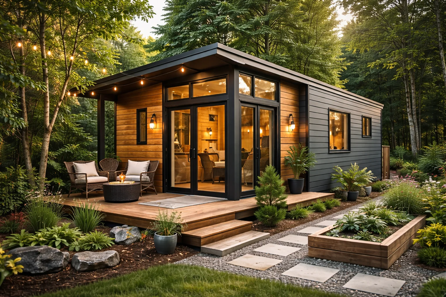 Modern 2 bedroom tiny home with a compact design, featuring a small porch, large windows, and efficient use of space in a cozy residential setting.