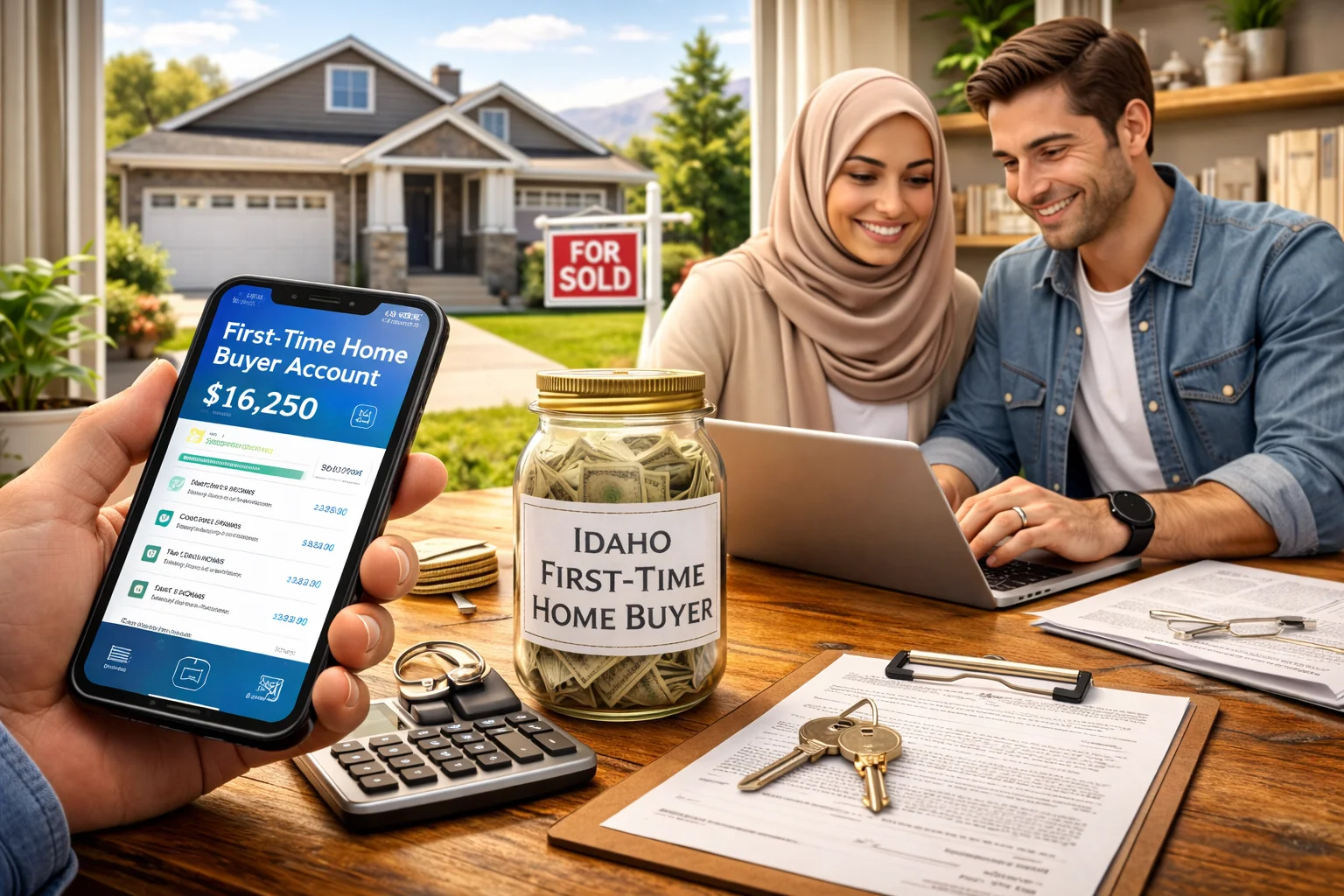 Idaho first time home buyer account concept image showing a couple reviewing savings on a smartphone and laptop, with a jar of cash, house keys, and a sold home in the background representing preparation for homeownership.