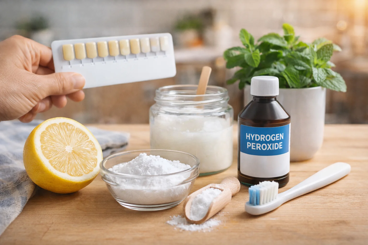 teeth whitening home remedies with baking soda, lemon, coconut oil, hydrogen peroxide, and a toothbrush arranged on a countertop with a tooth shade guide.