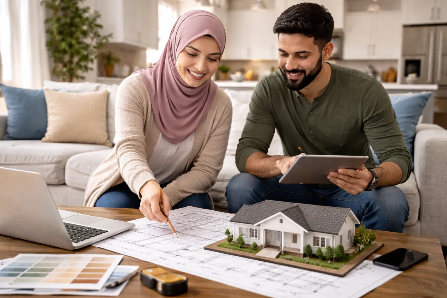 Couple reviewing 1000 sq feet home plans with a model, exploring a 1200 sf home design for narrow lots.