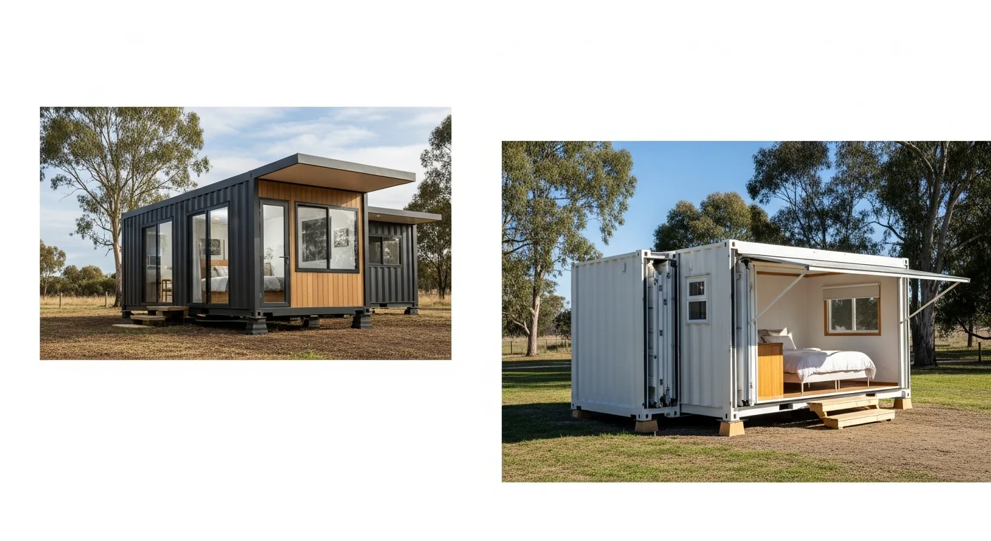 Modern and collapsible container homes outdoors, showcasing 2 Bedroom Container Home Designs: 20ft & Collapsible Options.