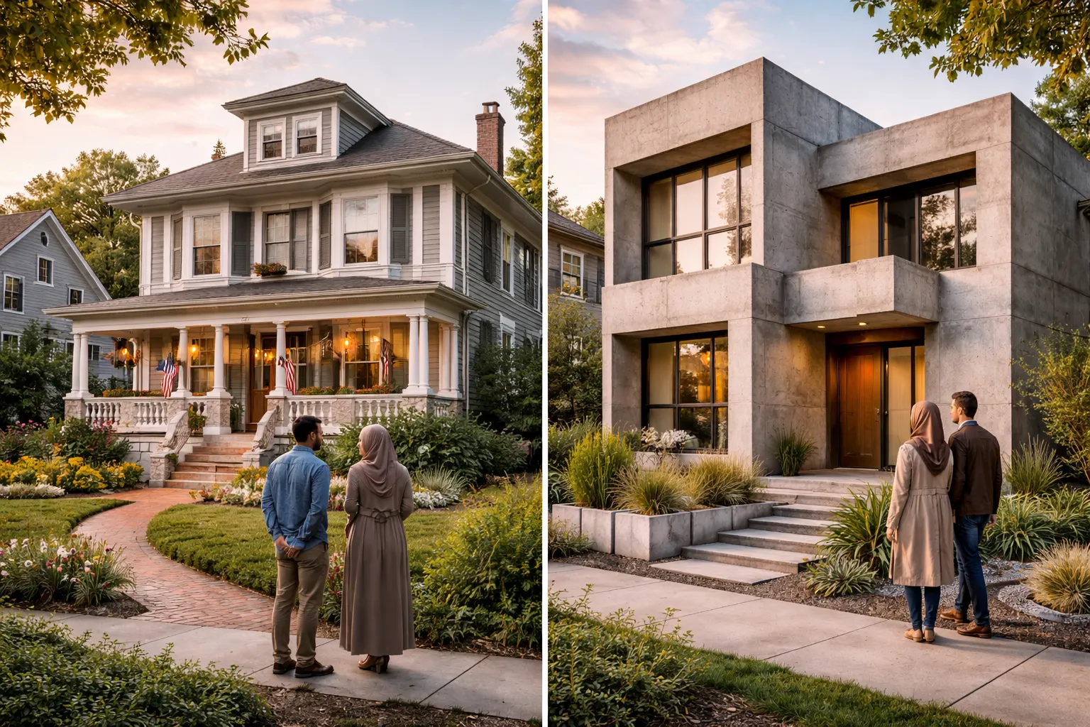 American Foursquare homes beside Folk Victorian and Brutalist architecture homes showing different types of home styles.