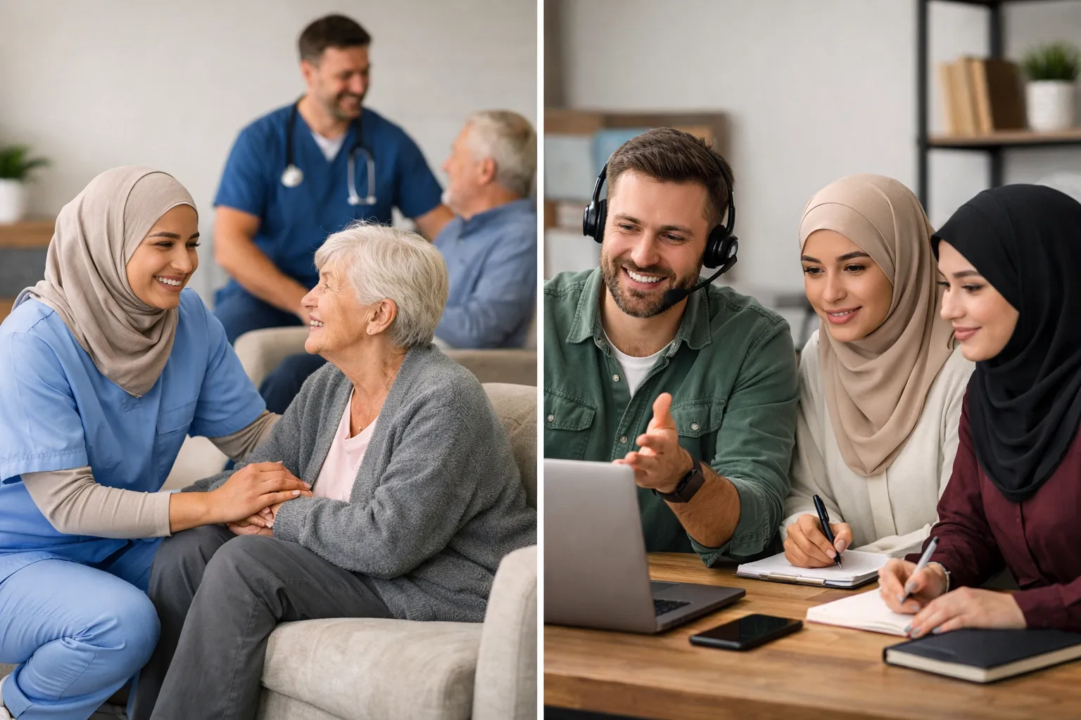 Professionals planning a business plan for home care agency while others handle medical coding work from home and a solo attorney conducts an in-person meeting from home.