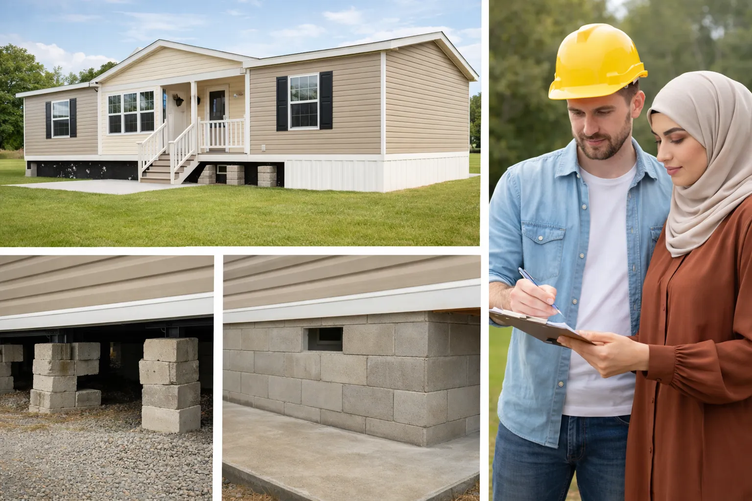 Mobile home on the cheapest permanent foundation for mobile home with workers reviewing dimensions of single wide mobile home.