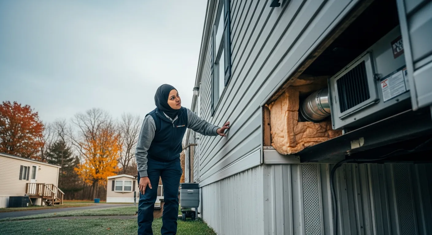 Technician inspecting an exposed furnace unit and insulation in the side wall of a manufactured home.