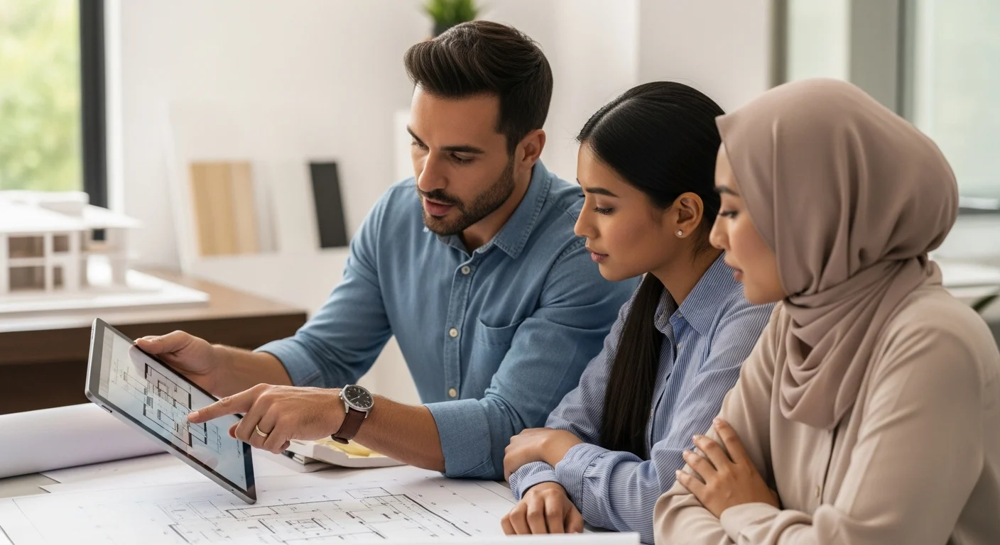 Architects review digital blueprints for the Custom Home Building Process: Complete Guide with Checklists & Costs.