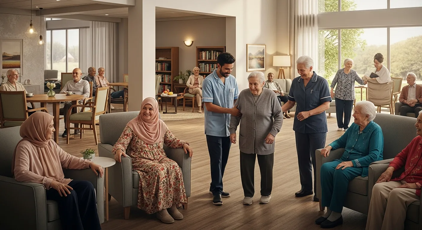 A male caregiver assists an elderly woman walking through the brightly lit common room of a senior living facility, surrounded by other residents socializing.