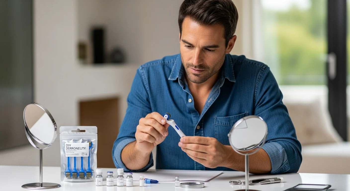 A man examines a derma roller device and vials. Learn about safe usage with the DIY Beauty Procedures: Microneedling, Fillers & Lashes Safety Guide.