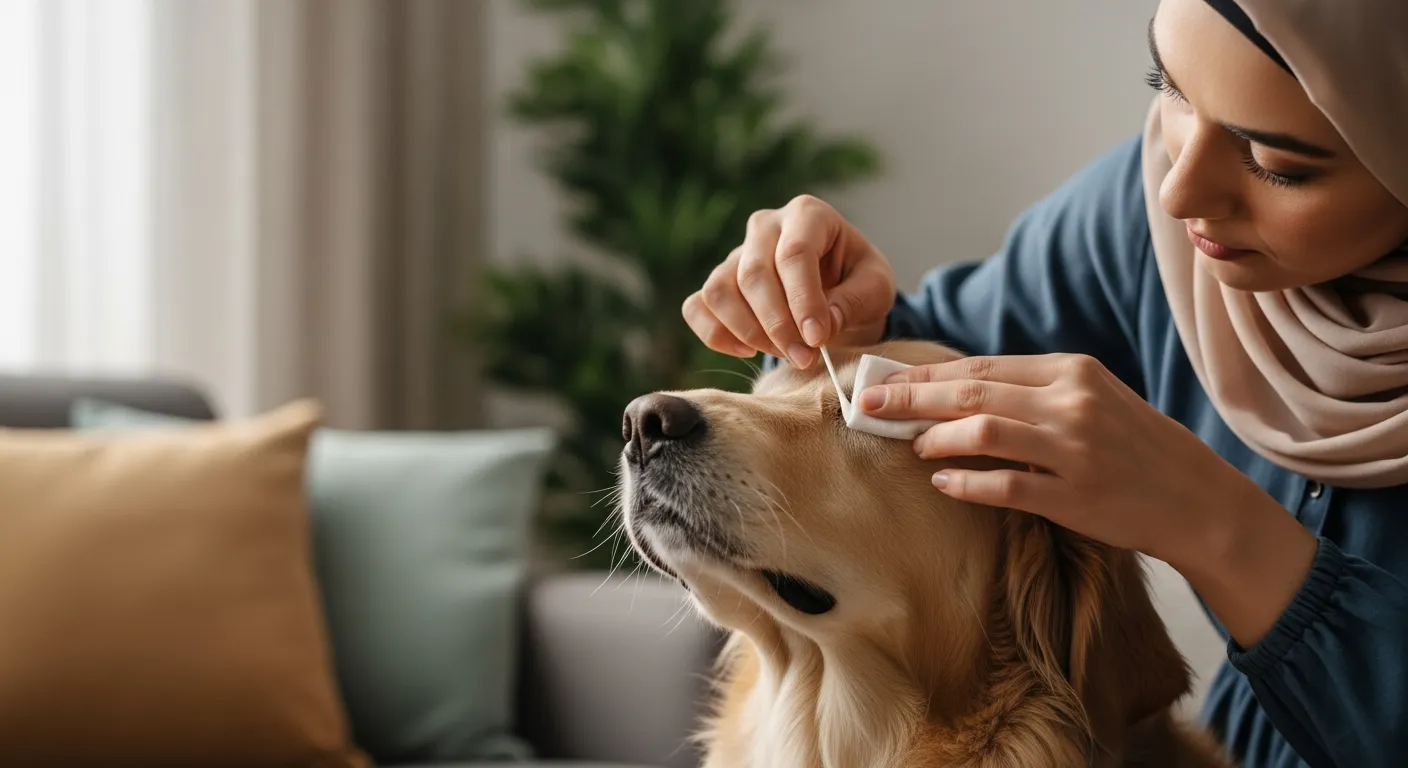 Person in hijab cleaning a Golden Retriever's eye with a cotton swab and wipe.