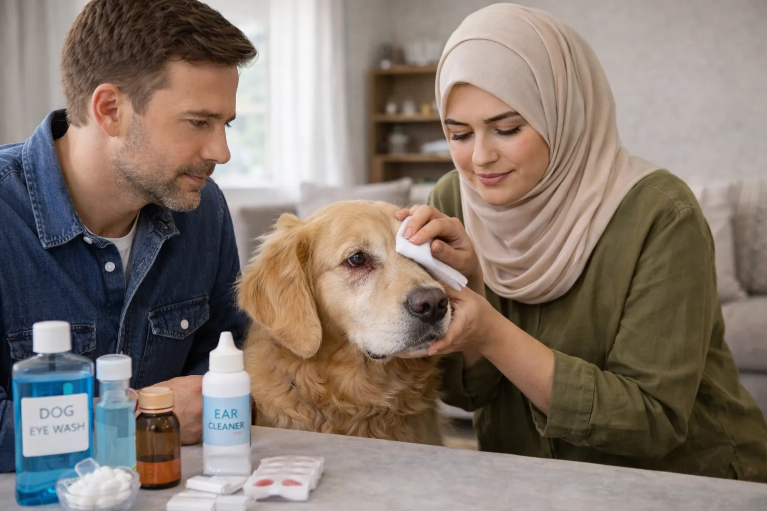 Owner applying dog eye infection treatment home remedy with cotton pad while caring for pet with gentle hygiene.