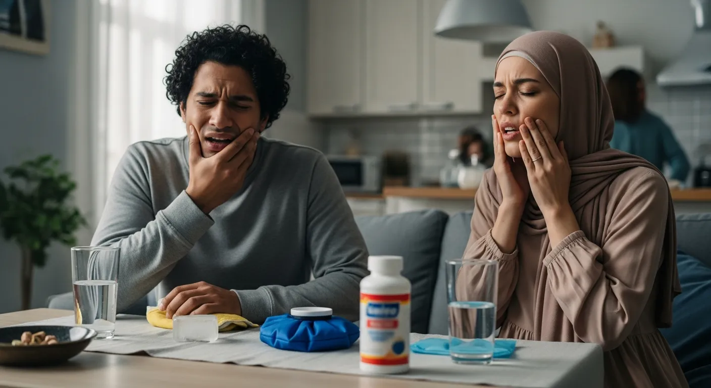 A man and woman, both clutching their cheeks in pain, sit at a table with an ice pack, medication bottle, and glasses of water, suggesting they are both suffering from a severe toothache.