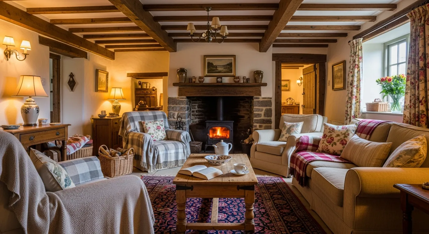 A cozy, traditional cottage living room featuring exposed wooden ceiling beams, plush seating covered in throws, and a central wood-burning stove set within a stone fireplace, all illuminated by warm lamplight.