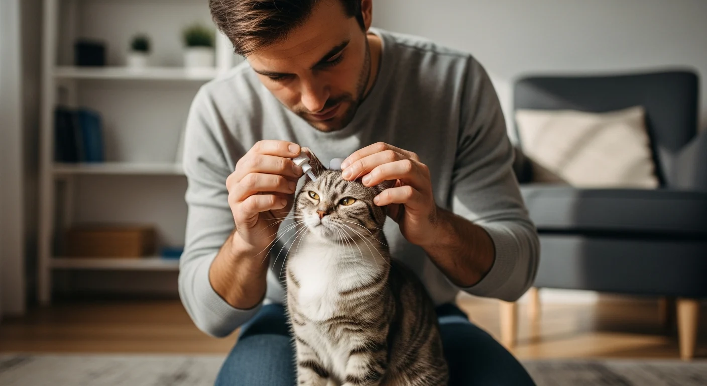 Feline Herpes Treatment at Home: Pet Eye & Ear Care Guide shows a man administering drops to his tabby cat.