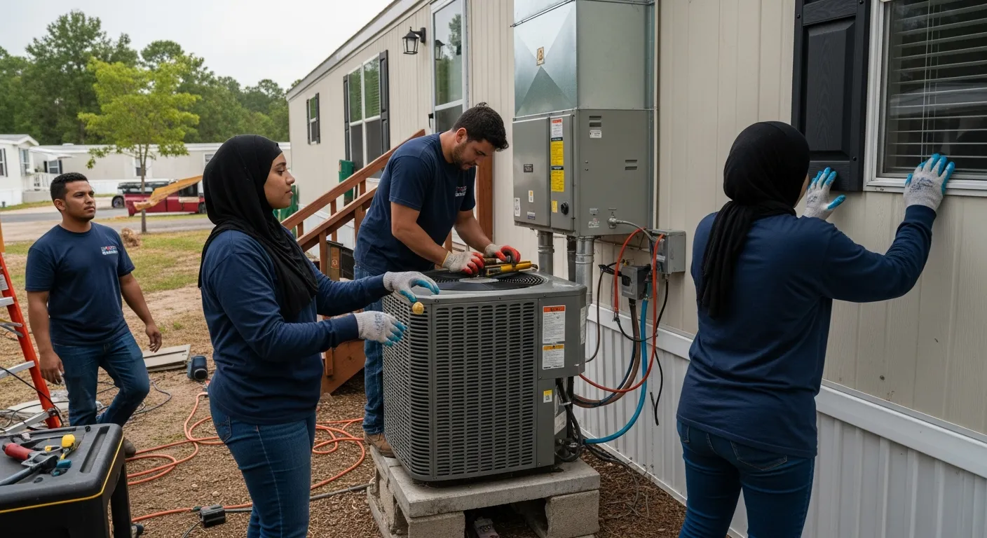 HVAC technicians installing an outdoor condenser unit and air handling equipment on the exterior wall of a manufactured home.