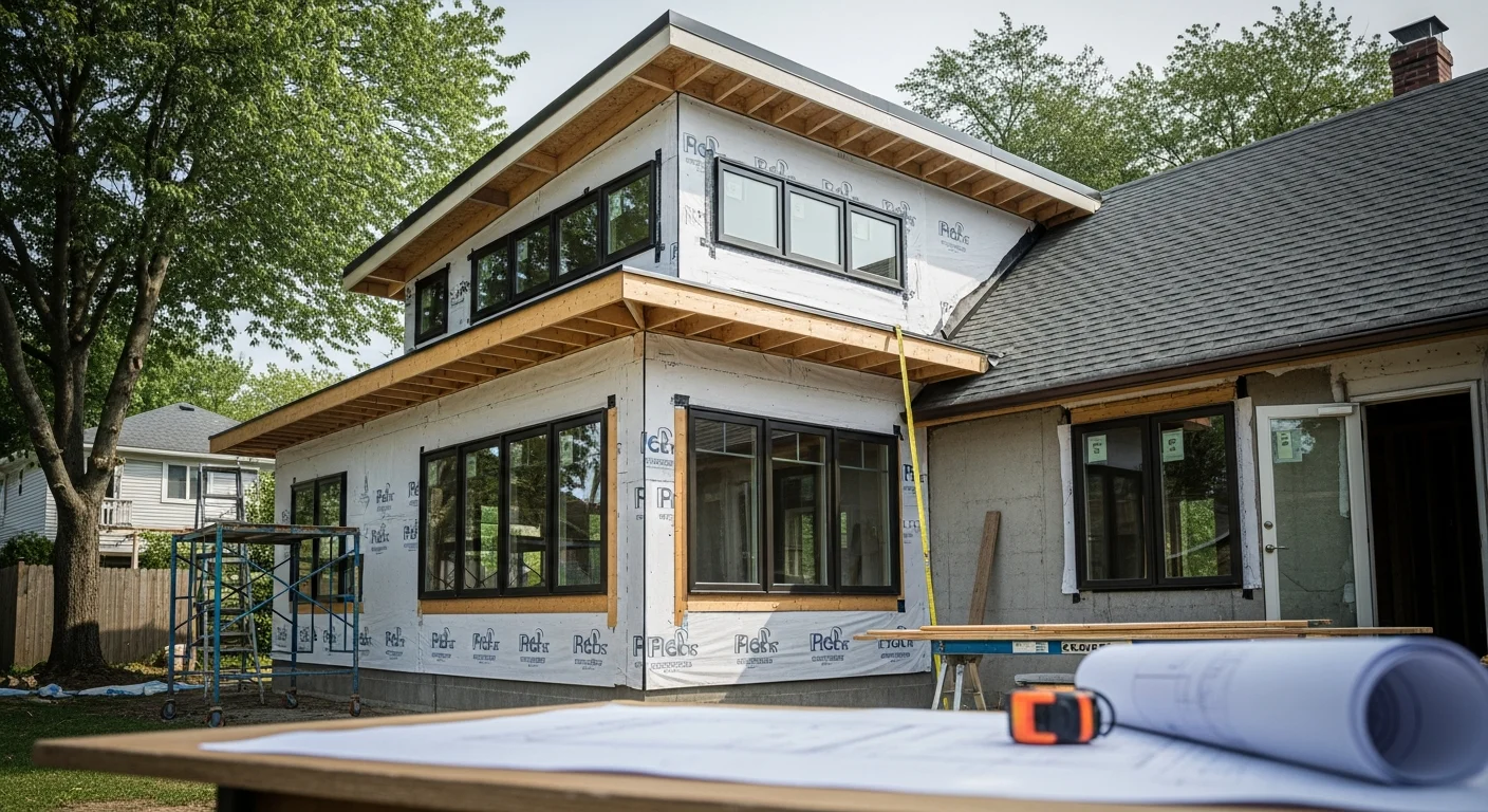 Planning a home build. Home Addition Estimator: Timelines, Pictures & Planning Guide displayed on tablet with blueprints & construction site view.