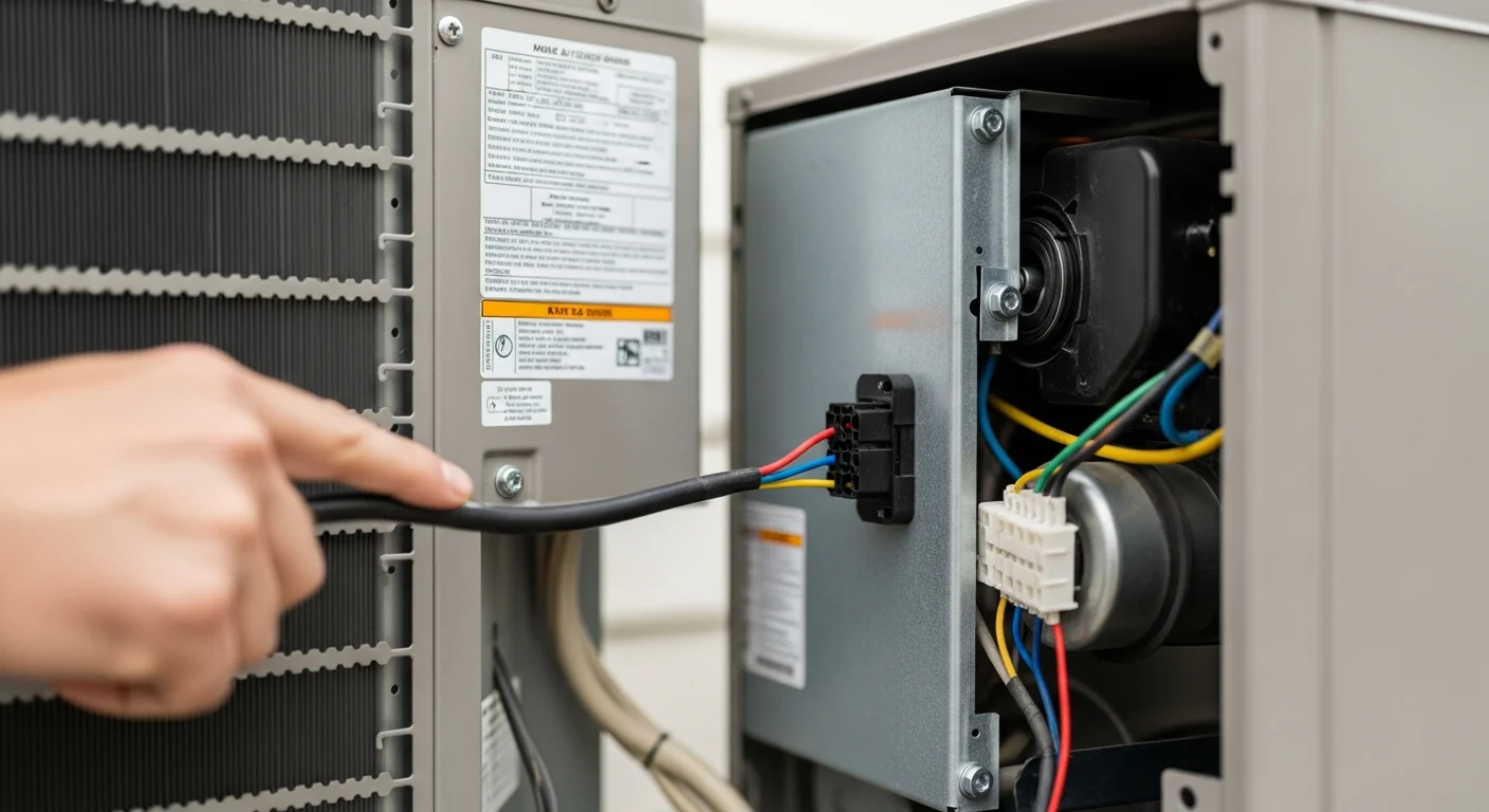 Technician checking wiring inside an AC condenser unit. Home Air Conditioner Not Blowing Cold Air? HVAC Troubleshooting Guide