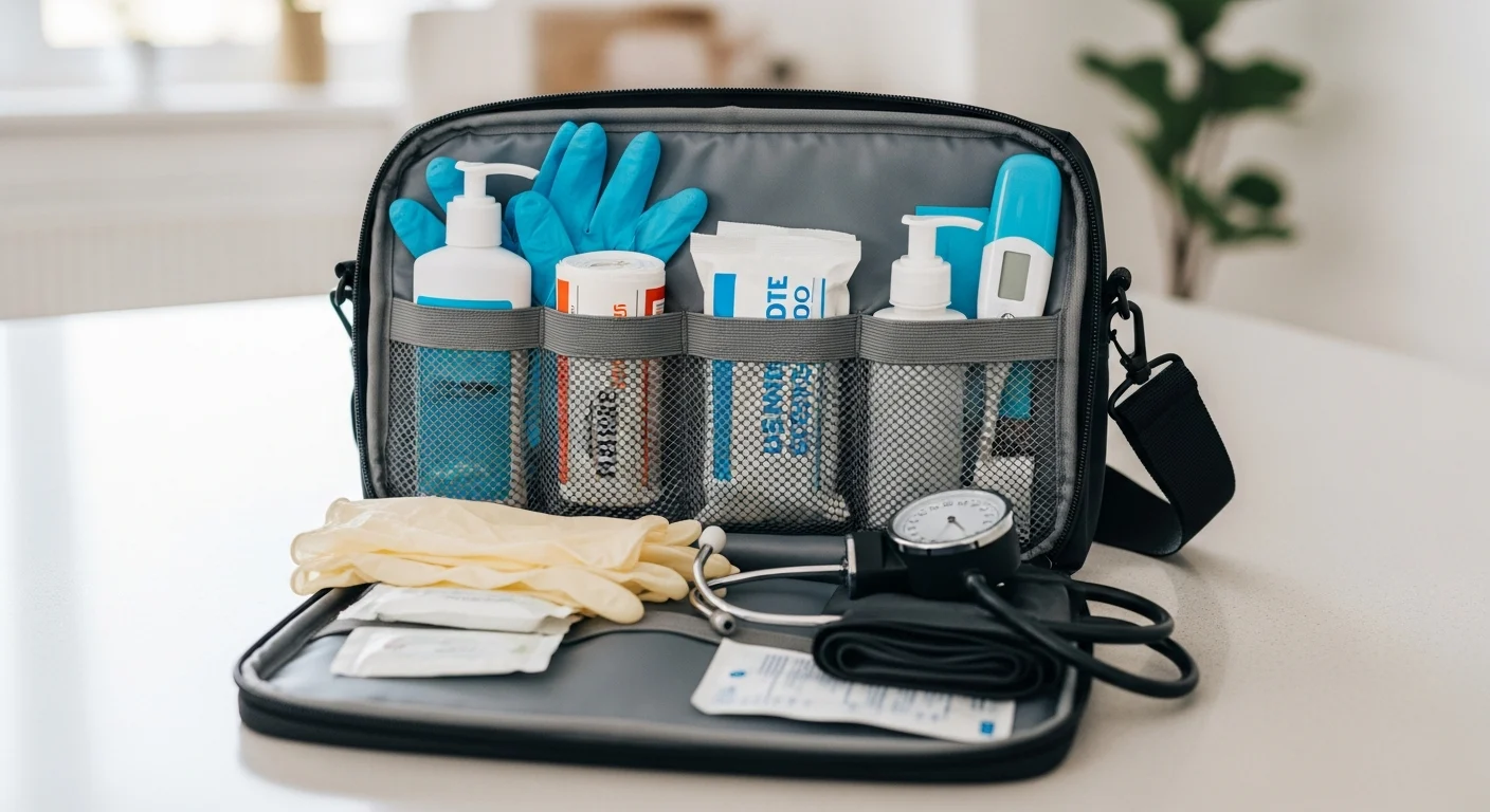 Home Care Bag Technique: Essential Guide for Professional Aides showing medical supplies, gloves, stethoscope, and BP cuff.