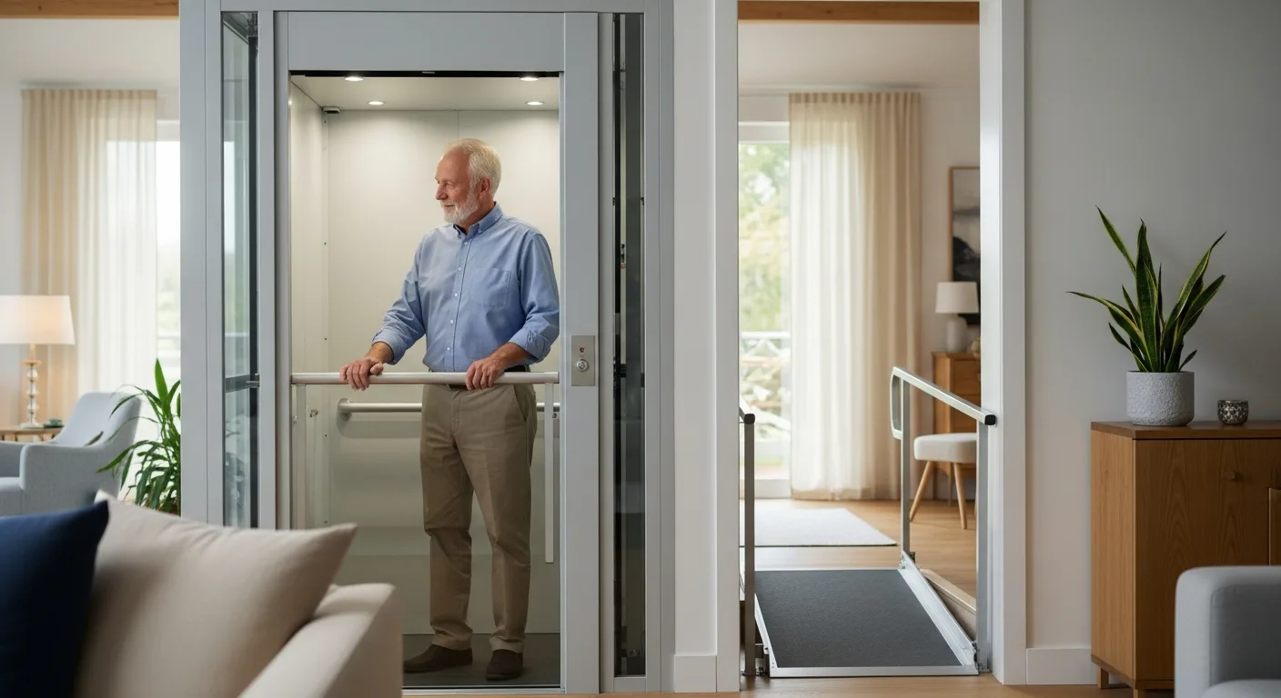Elderly man using a stylish residential elevator. Home Elevator Kits: Elevators, Lifts & Ramps for Accessibility ensures safe access.