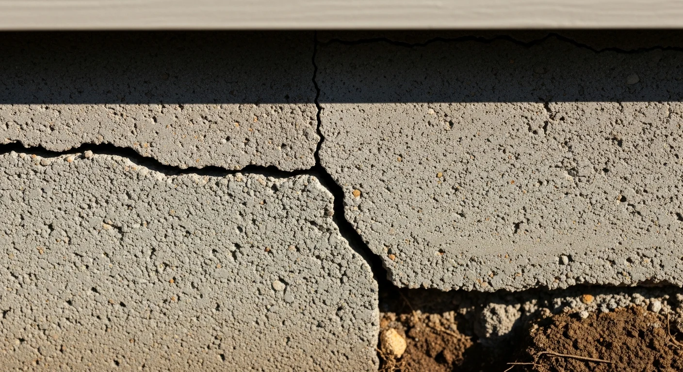 A large, visible crack in a concrete home foundation, illustrating the need for Home Foundation Cracks: Repair Guide & Structural Solutions.