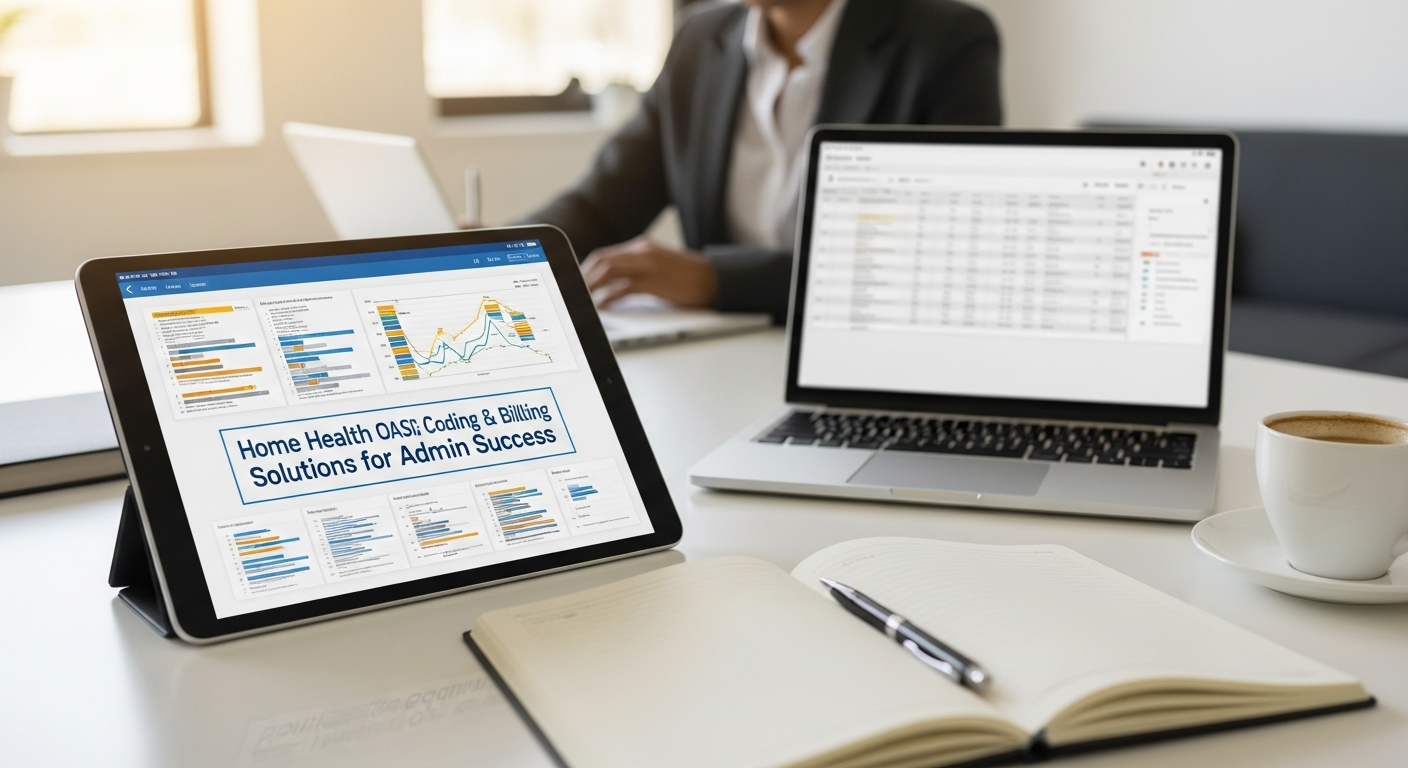 Tablet displaying "Home Health OASIS Coding & Billing Solutions for Admin Success" next to a laptop and notebook on an office desk.