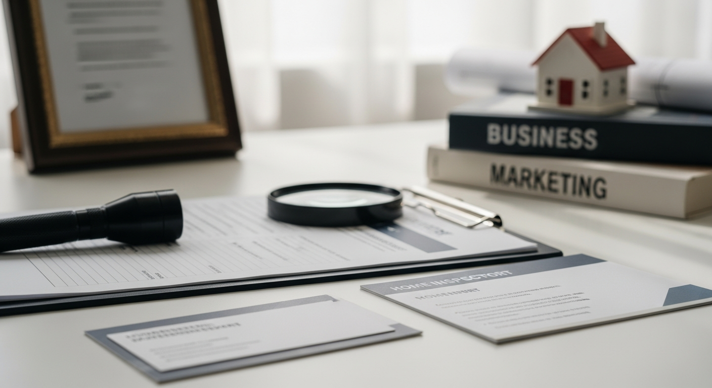 Desk setup illustrating the Home Inspector Marketing: SEO, Leads & Certification Guide, featuring marketing books, inspection forms, and tools.