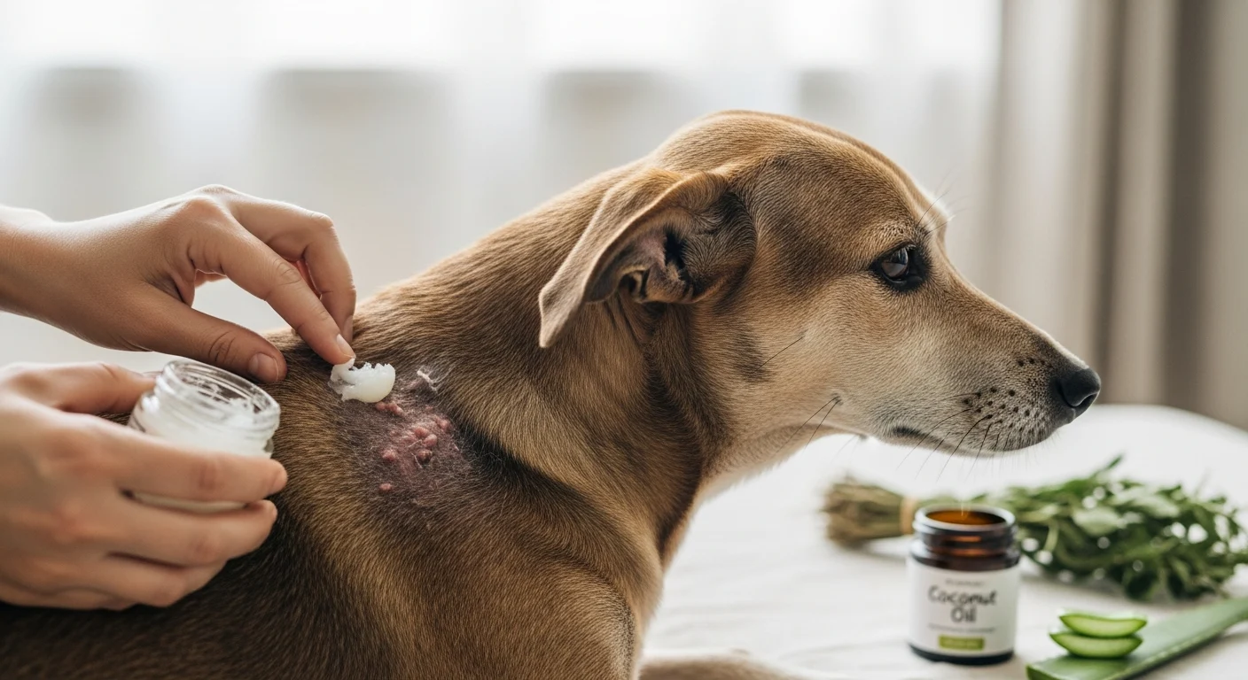 Applying coconut oil to treat a dog's skin rash. Home Remedies for Dog Mange: Treating Rashes & Itch Naturally with soothing topicals.