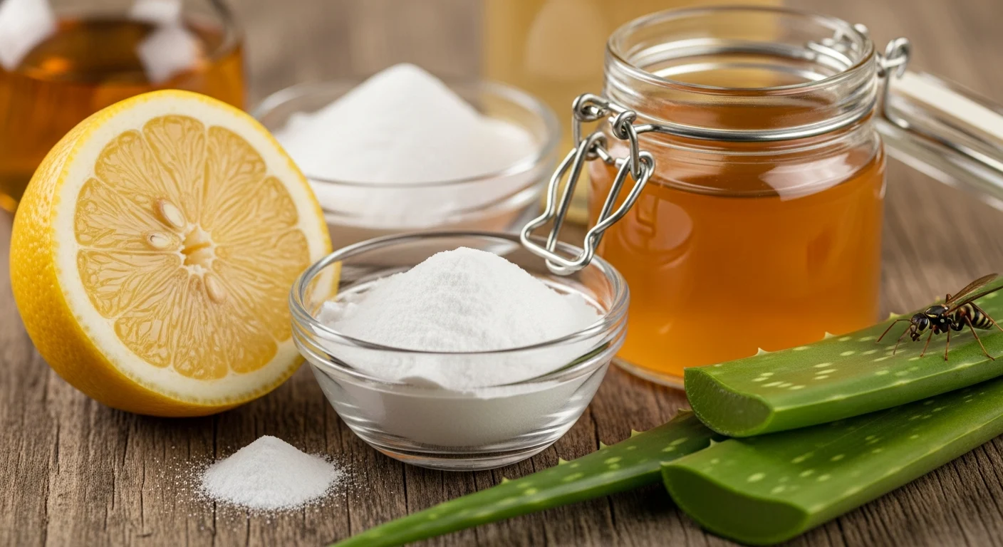 Ingredients for Home Remedies for Fire Ant Bites & Wasp Stings: Quick Relief Guide: lemon, baking soda, honey, and aloe vera.