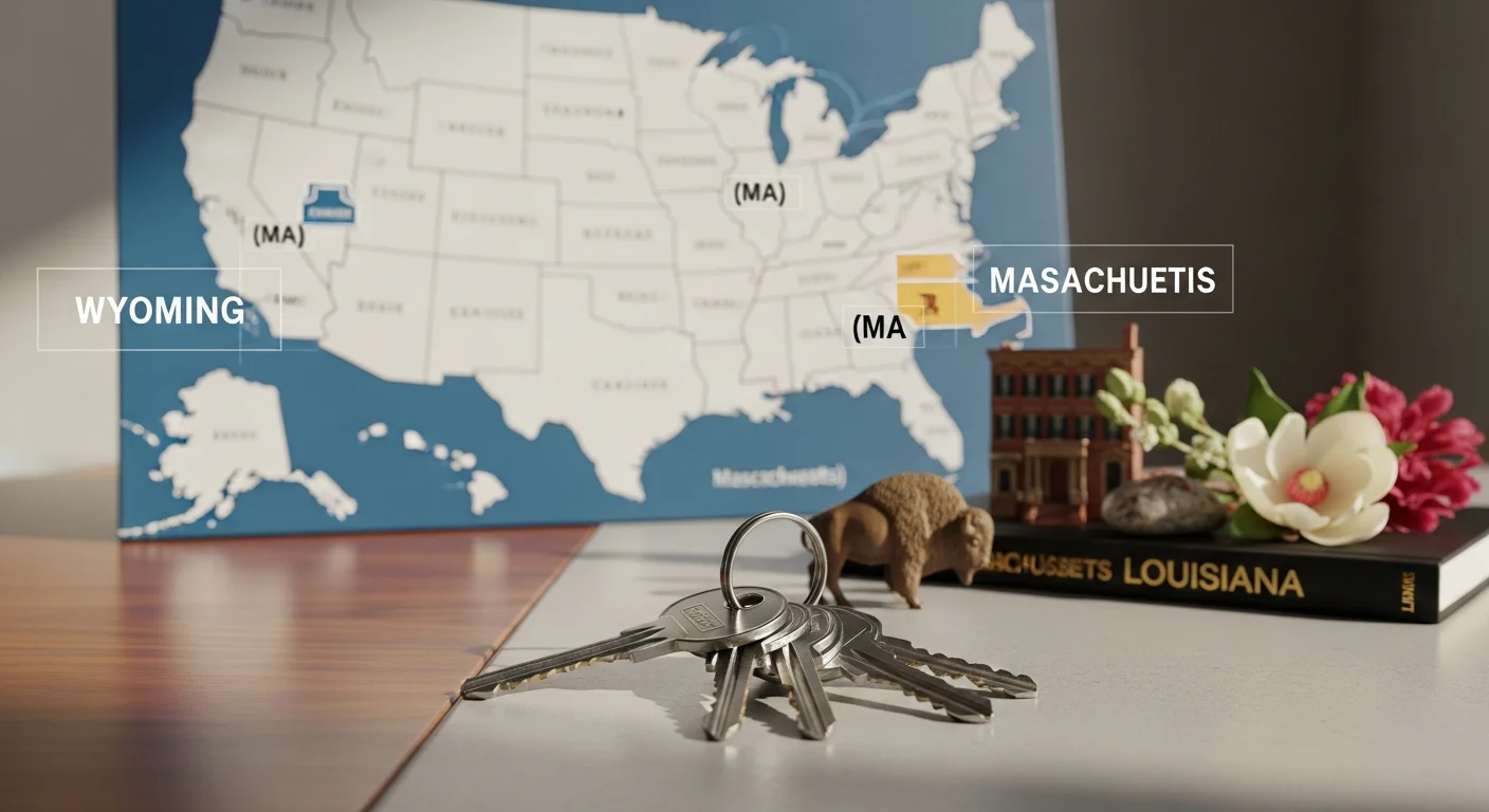 Home Warranty Wyoming, MA & LA: State-Specific Coverage Guide, shown through three distinct state homes (WY mountains, MA suburban, LA moss).