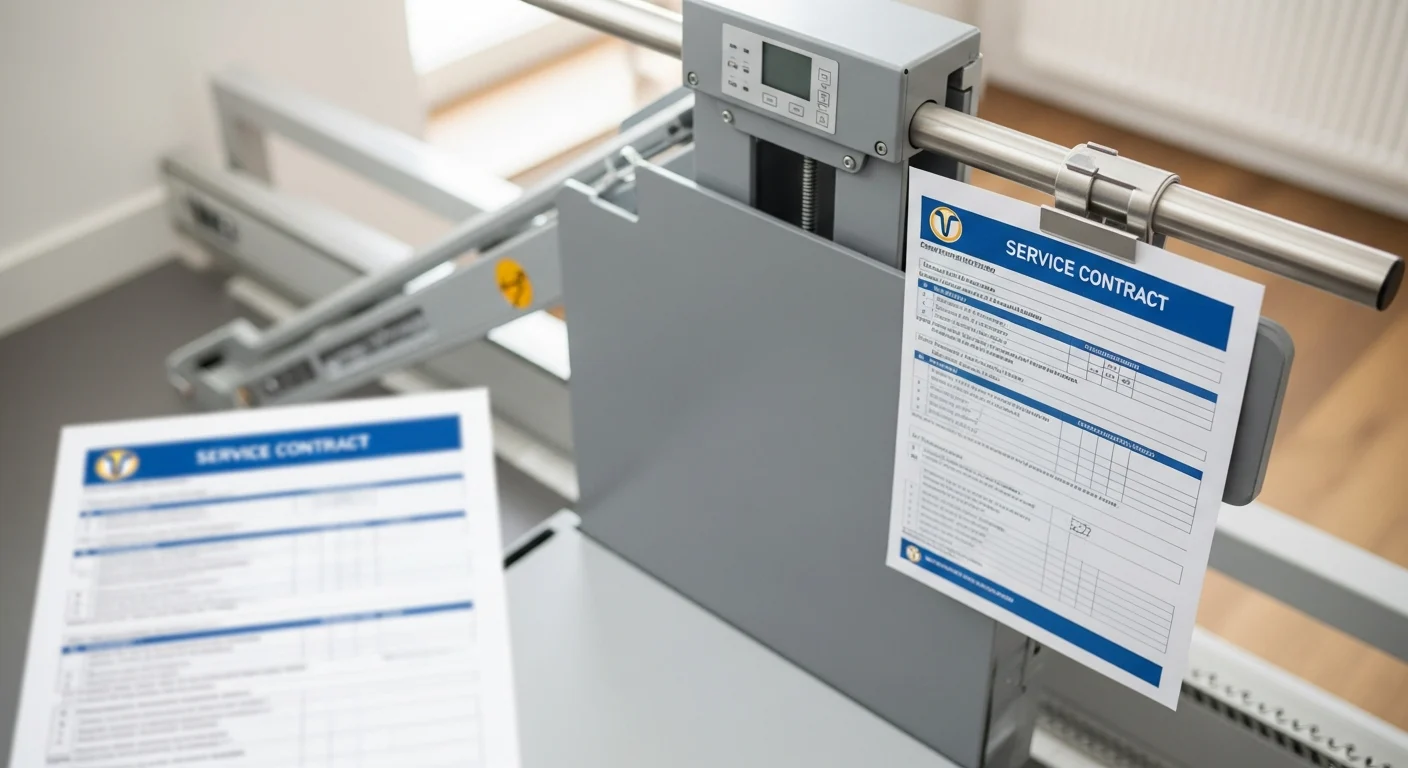 A service contract document attached to a platform lift rail, illustrating Home Wheelchair Lift Maintenance: Service Contracts & Inspection Guide requirements.