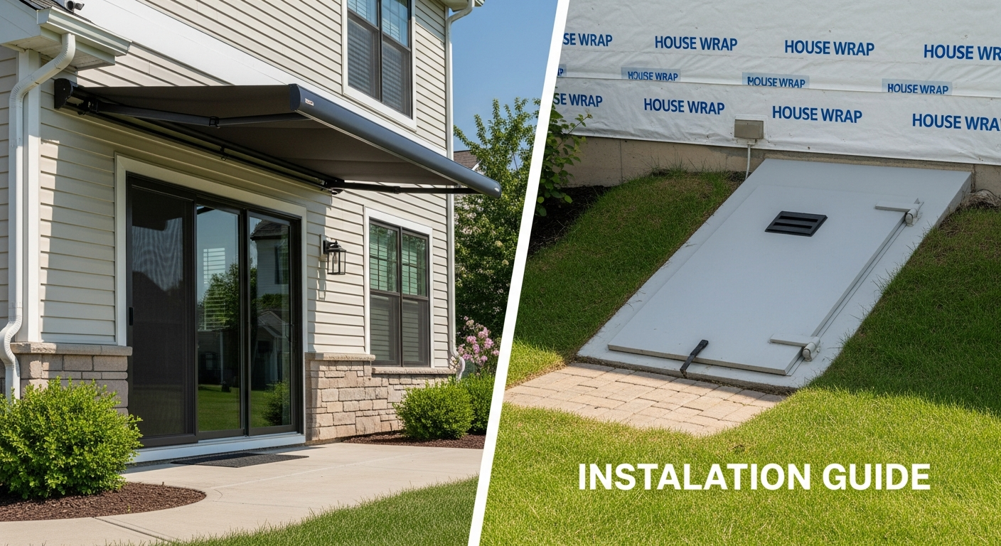 Home Wrap Installation Guide: Awnings & Storm Shelters for Exterior Protection, showing a patio awning and a storm cellar door.