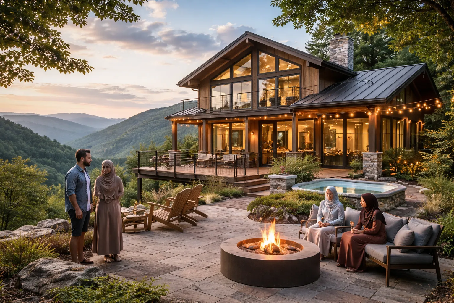 Homes for rent in Chattanooga with scenic mountain views and a stylish vacation rental exterior at sunset.