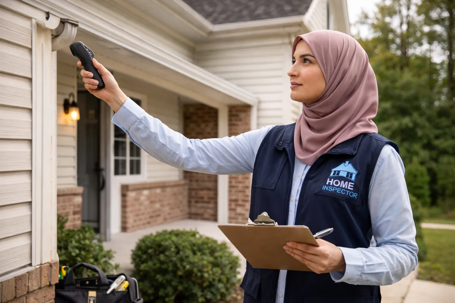 Professional evaluating a property, demonstrating how to become a home inspector in Arkansas during a residential inspection.