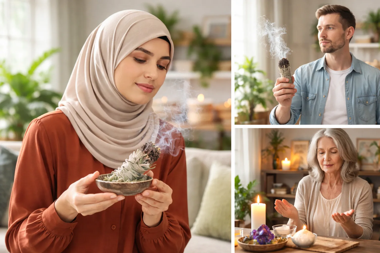 Person demonstrating how to cleanse home by burning sage while others pray and meditate to release negative energy from home.