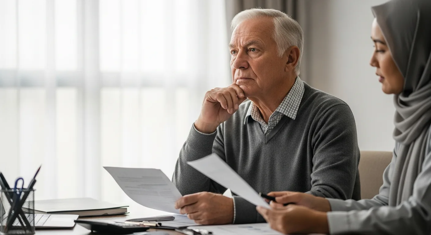 Senior man consulting advisor on estate planning documents. Learn How to Protect Assets from Nursing Home Costs & Group Home Fees.