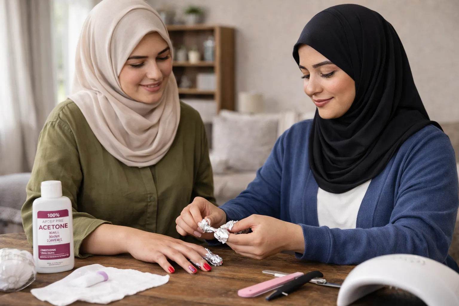 Woman demonstrating how to remove shellac at home using foil wraps and acetone during a DIY manicure session.