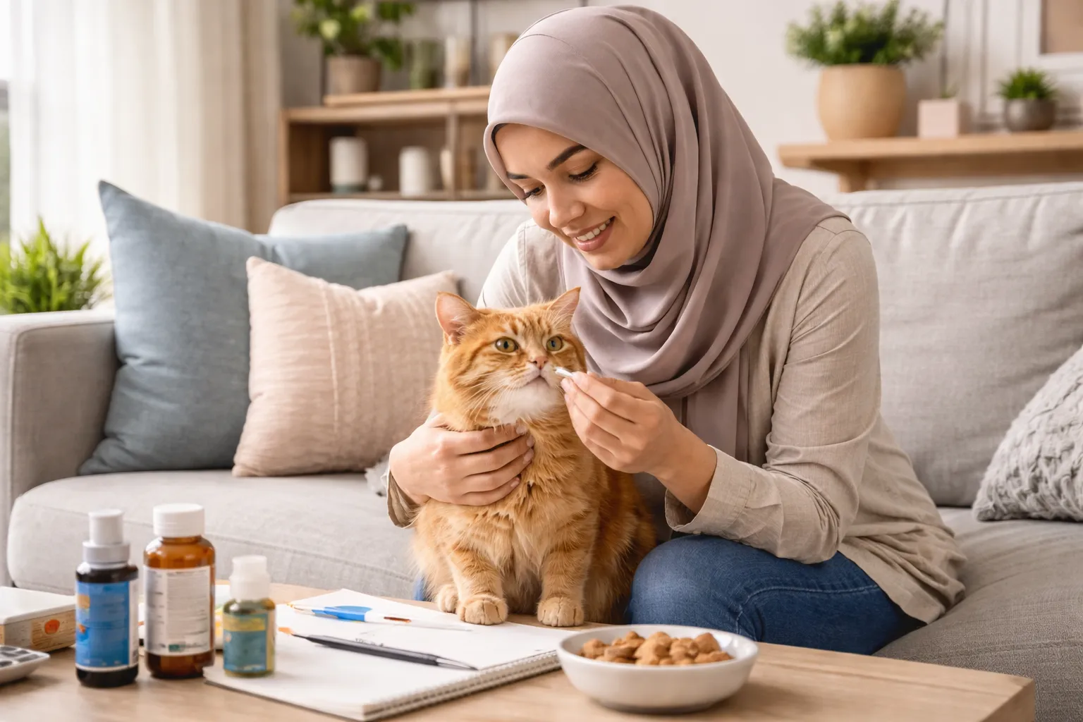 Woman caring for her pet while learning how to treat cat anemia at home with medication and gentle monitoring.