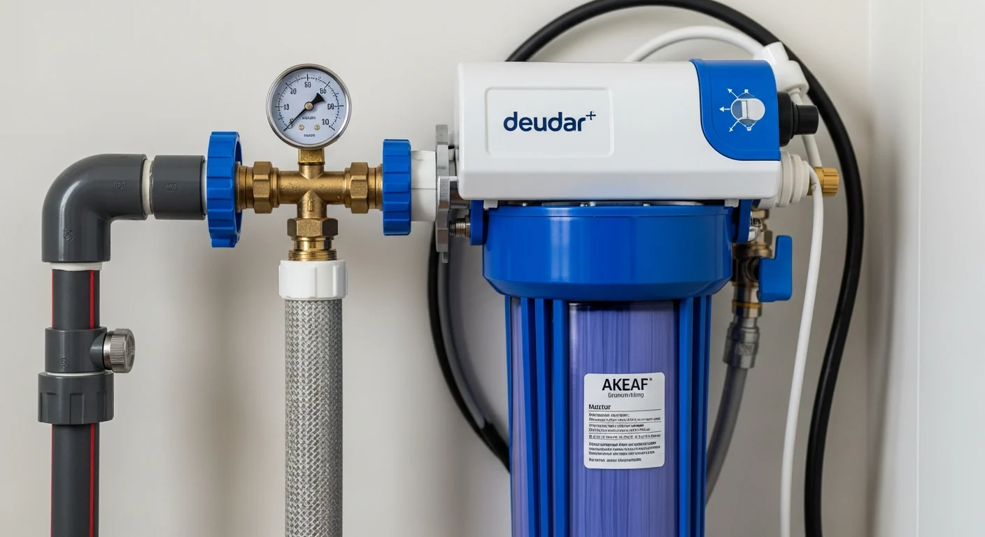 A deudar+ water filtration system showing the pressure gauge. In Line Water Filters for Home: Filtration & Pressure Management Guide