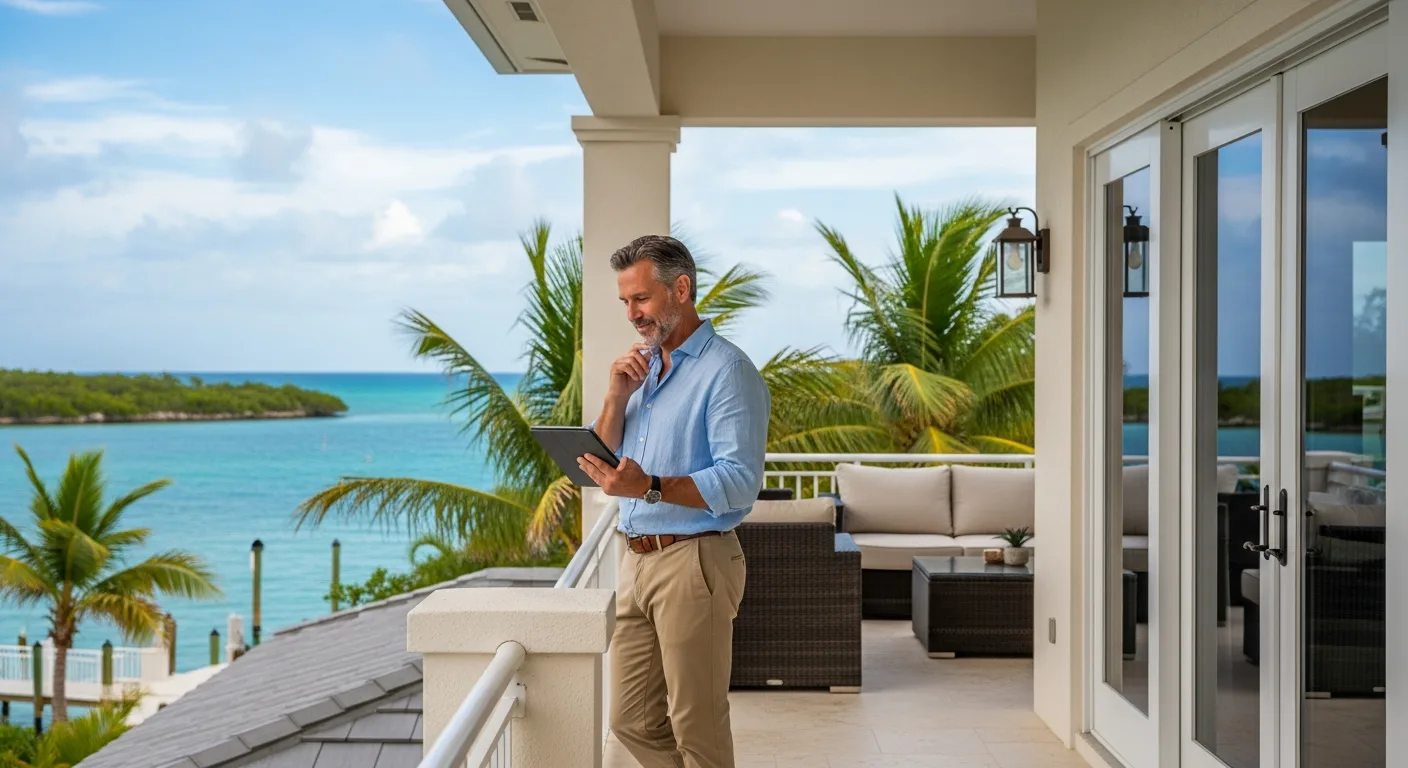 Investor reviewing data on a luxury balcony overlooking the ocean. Key Largo Vacation Home Rentals: Investing in Florida & Beyond.