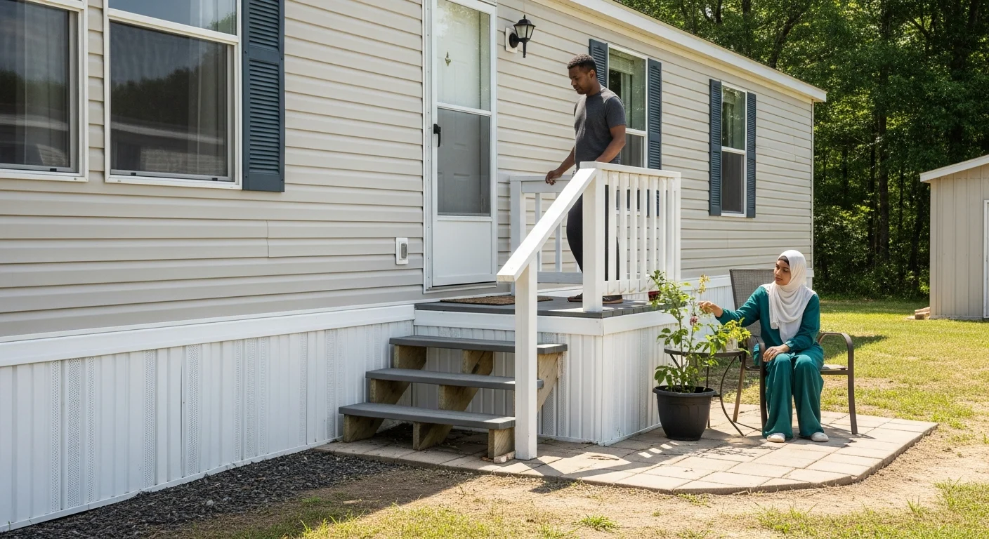 Mobile Home Front Porch Features: Skirting, Steps & More, showing a couple outside their manufactured home enjoying the patio.