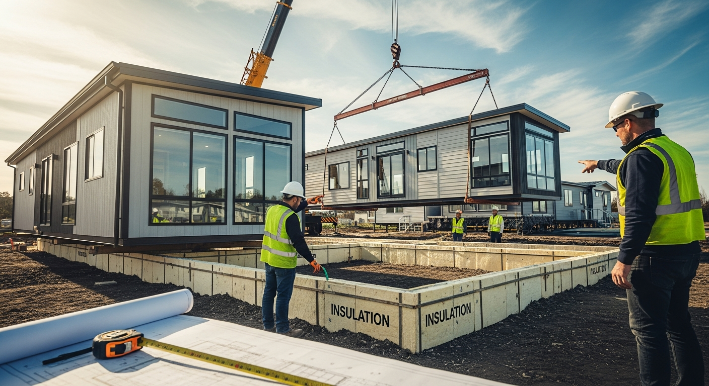 Crane lifting a modular house section onto an insulated foundation. Mobile Home Installation Guide: Setup, Insulation & Dimensions.