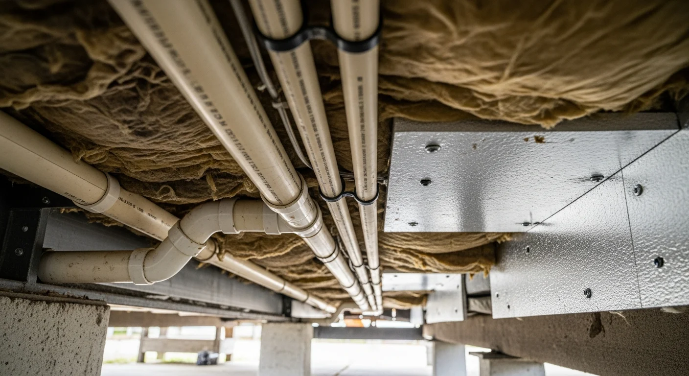 Mobile Home Plumbing & Insulation: Layouts & Underbelly Care Guide details, showing pipes secured beneath the home with visible insulation.