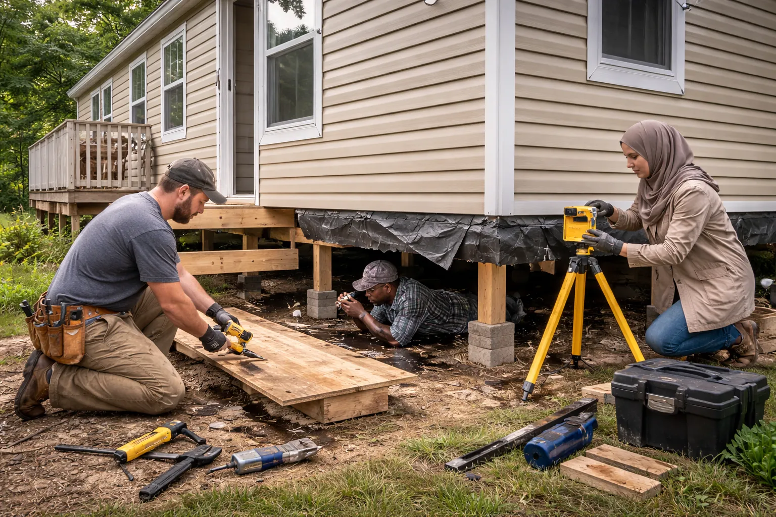Worker repairing mobile home subfloor while inspecting underbelly and floor insulation during structural maintenance.