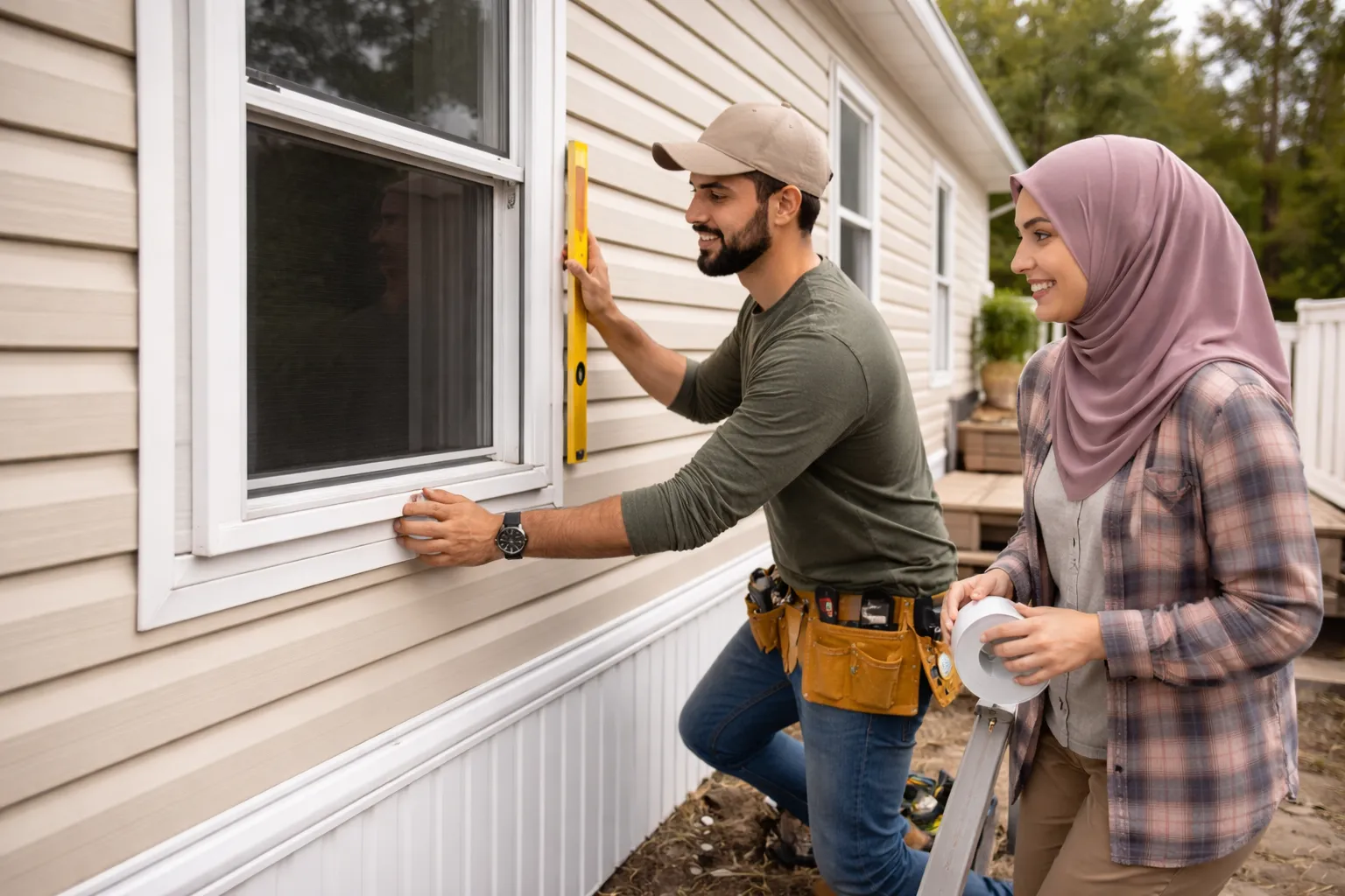 Contractors installing a window with mobile home vinyl siding, highlighting mobile home window sizes and replacement cost.