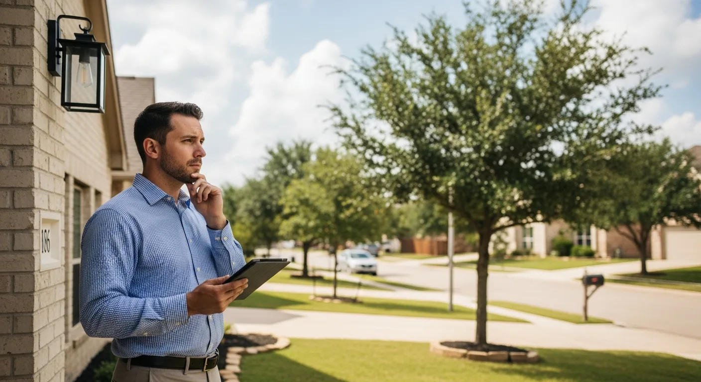 Man outside a suburban home reviewing details on a tablet for Rent-to-Own Homes Dallas: How It Works & Finding Properties.