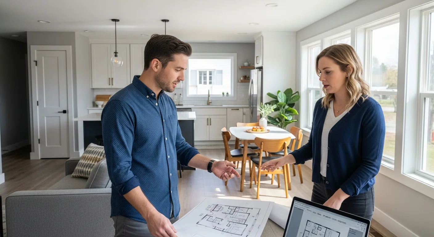 Couple reviewing Small Home Floor Plans: 1400-1800 Sq Ft Layouts for Modern Living in a bright, open-concept kitchen/living area.