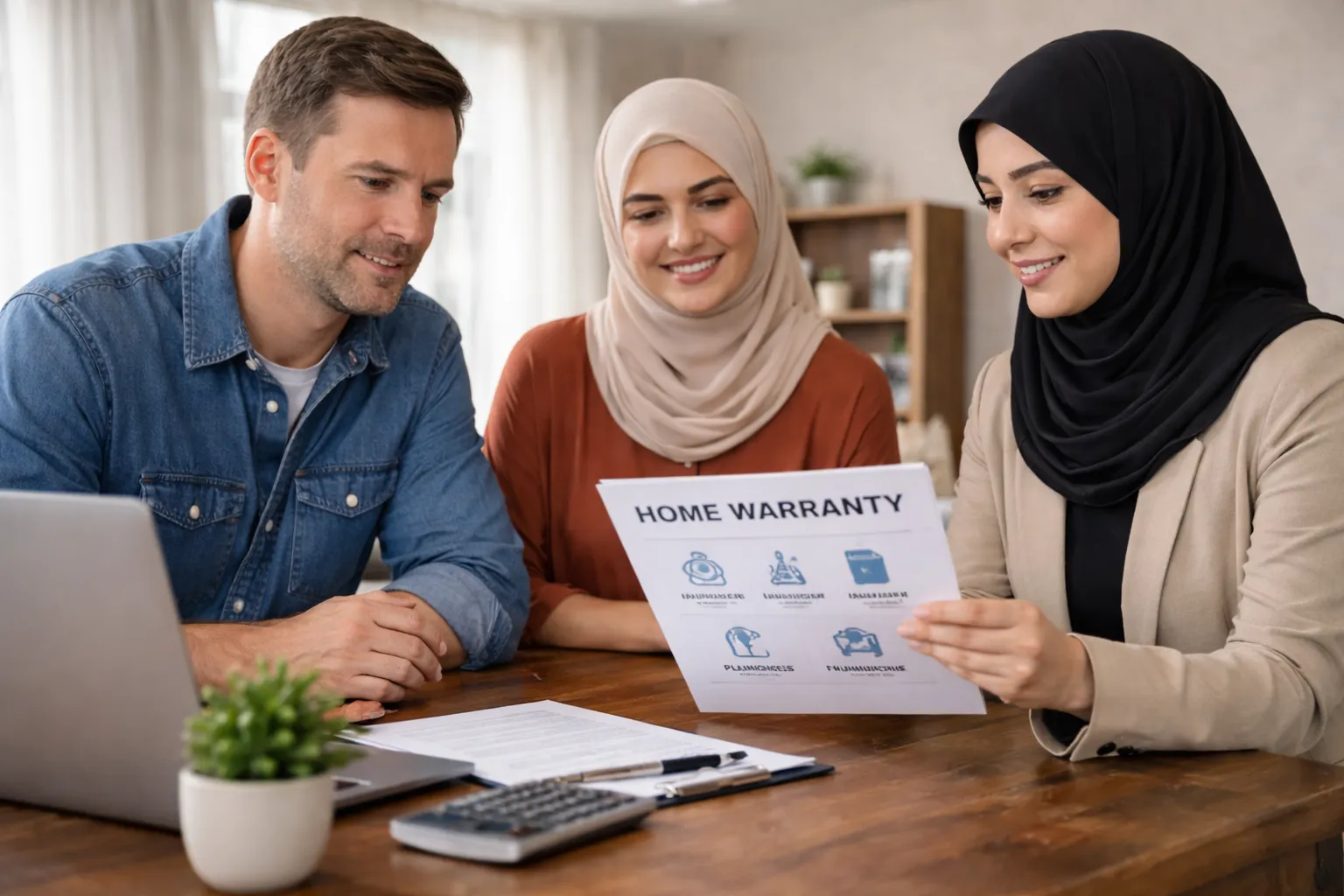 Consultant reviewing total protect home warranty plan with homeowners while discussing coverage and best MERV rating for home.