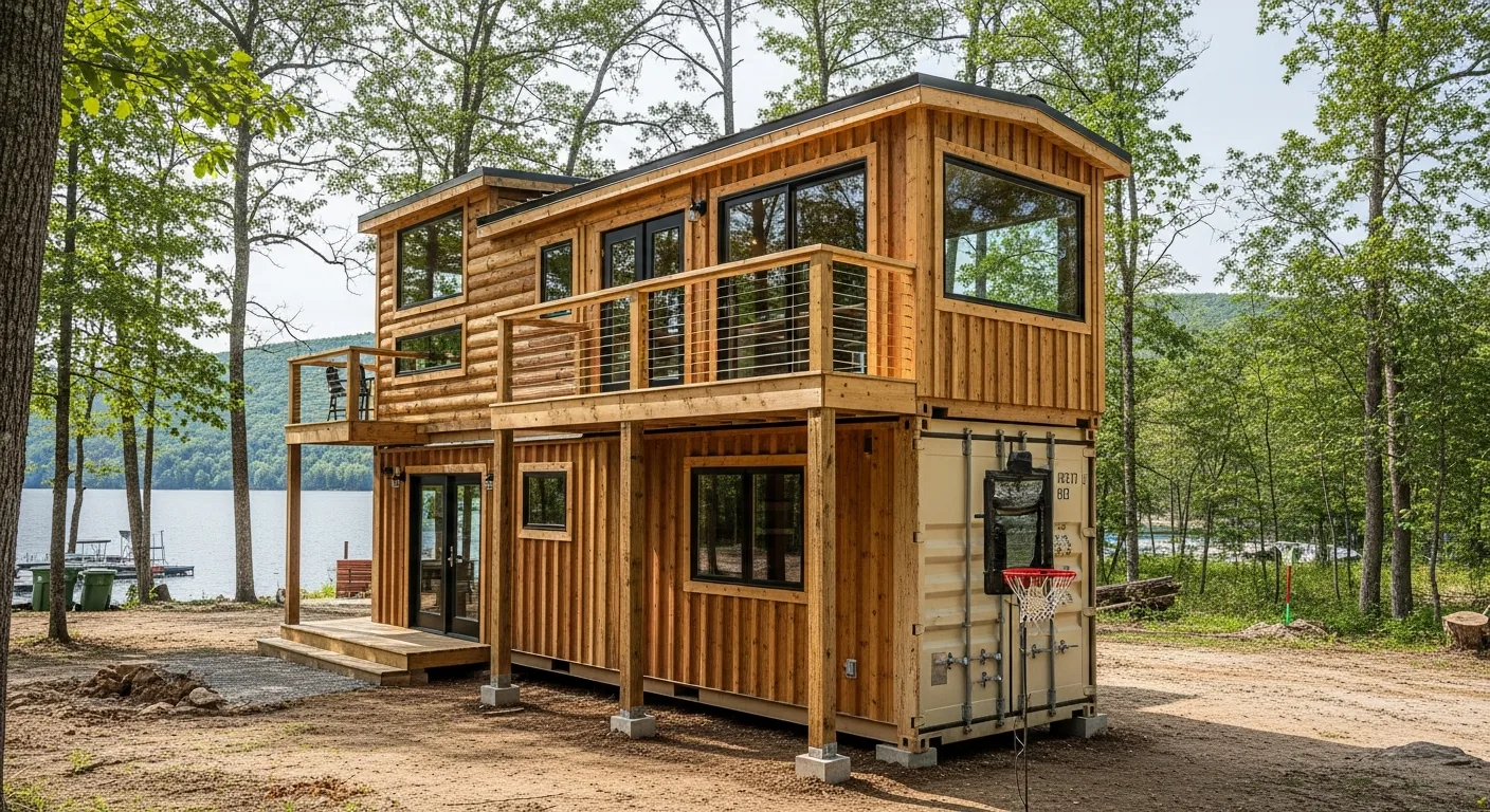 Two Story Shipping Container Homes: Tiny & Log Cabin Designs by a lake, featuring wood siding and a balcony.