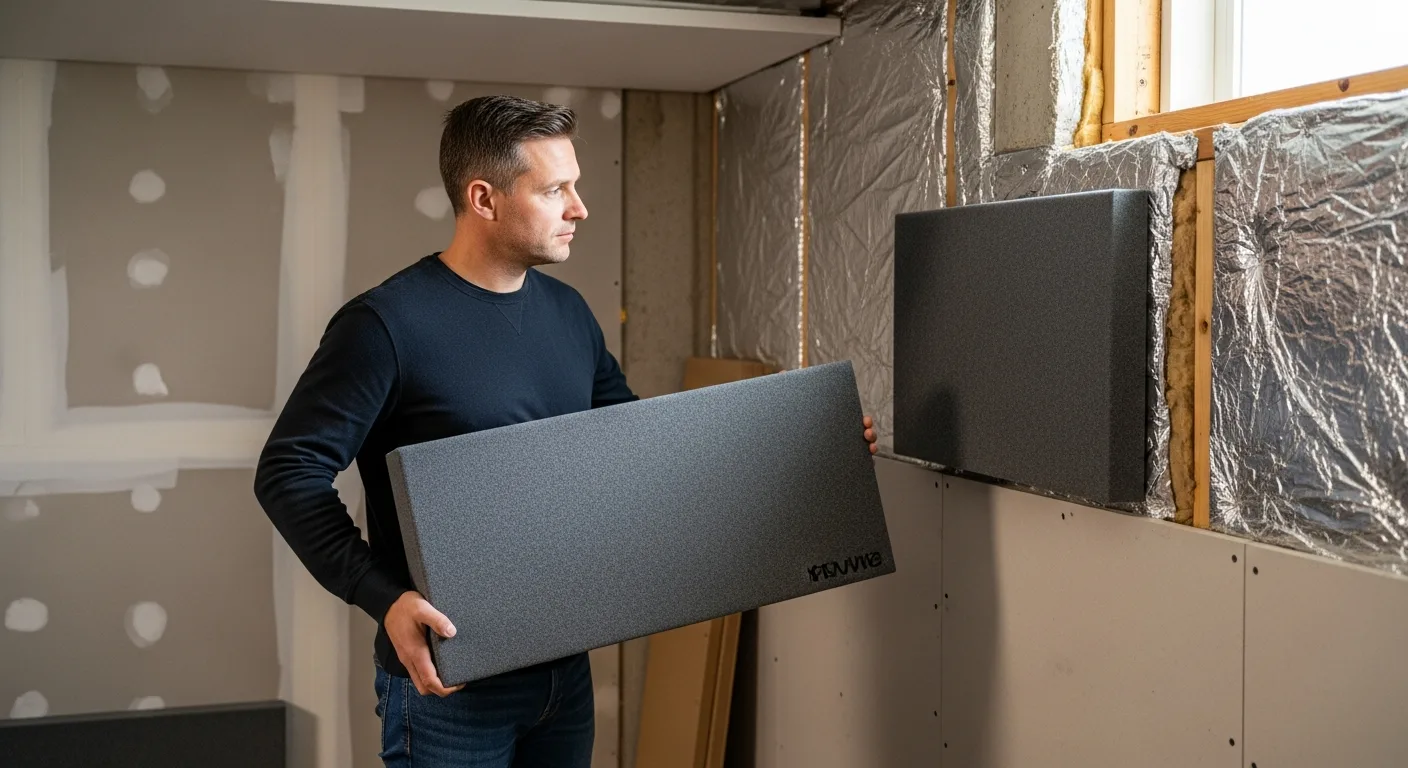 Man following the Basement Home Theater Acoustics: Panel Placement & Soundproofing Guide to install wall panels.