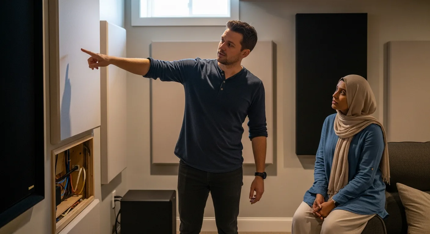 Man and woman discussing Basement Home Theater Ideas: Acoustics, Wiring & Sub Placement Guide in a new media room.
