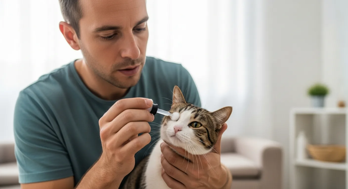 Man applying drops for Cat Eye Infection Home Treatment: Feline Eye & Ear Care Guide to his pet cat.
